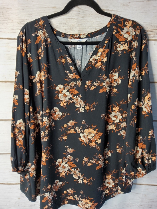 croft & barrow Tops - croft & barrow Black Floral V-Neck Tunic with Orange and Cream Blooms